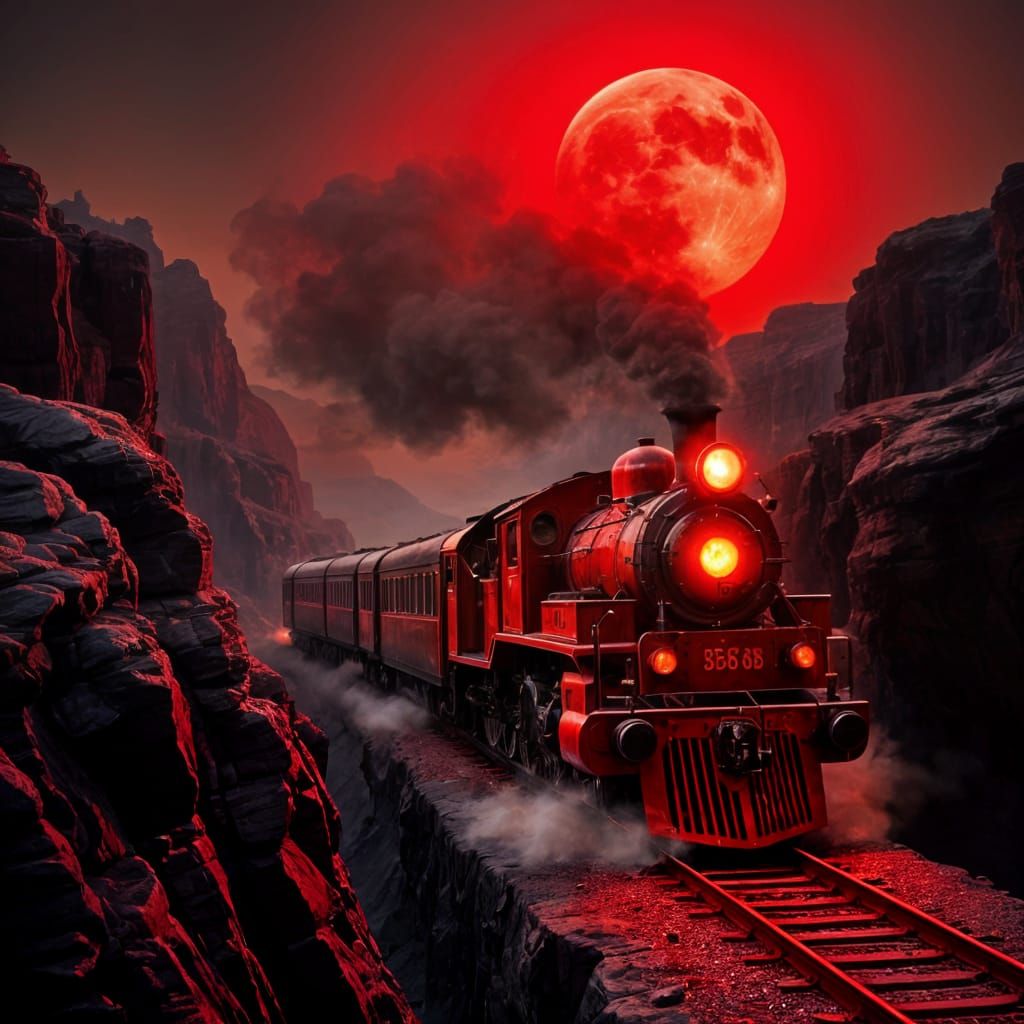 Fiery Red Steam Train in Canyon Moonlight