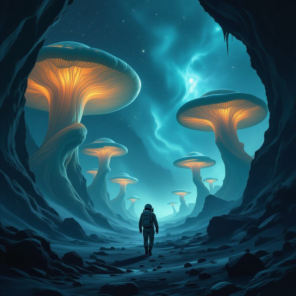 Astronaut Explores Alien Caves with Bioluminescent Fungi
