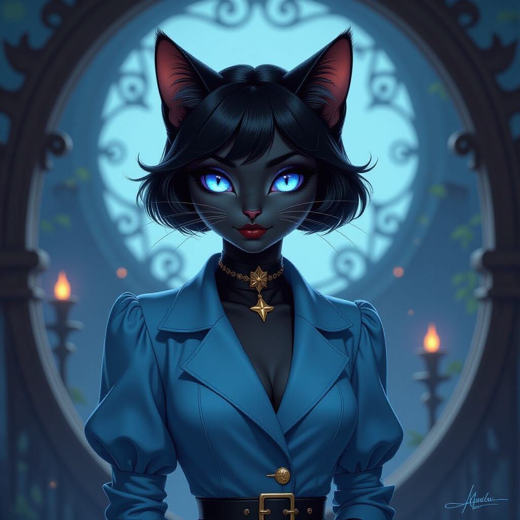 1920s Anthro Cat Woman in Blue Tomboy Style