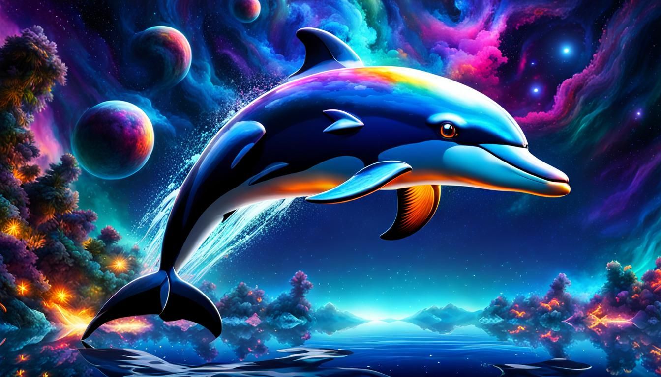 Dolphin Leaps Under Nebula: Dramatic Matte Painting