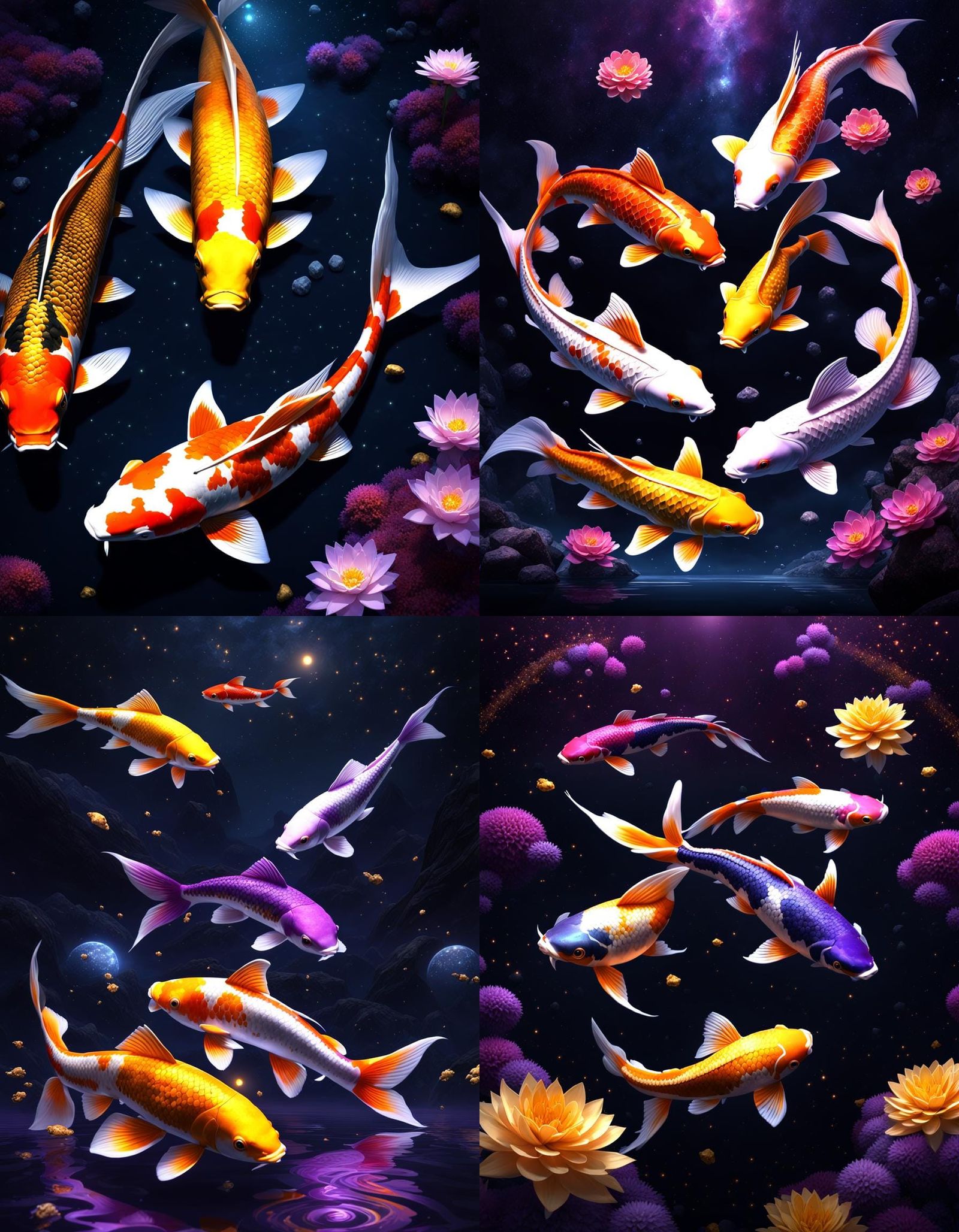 Koi Fish Swim in Lake of Stars, Dark Fantasy Art