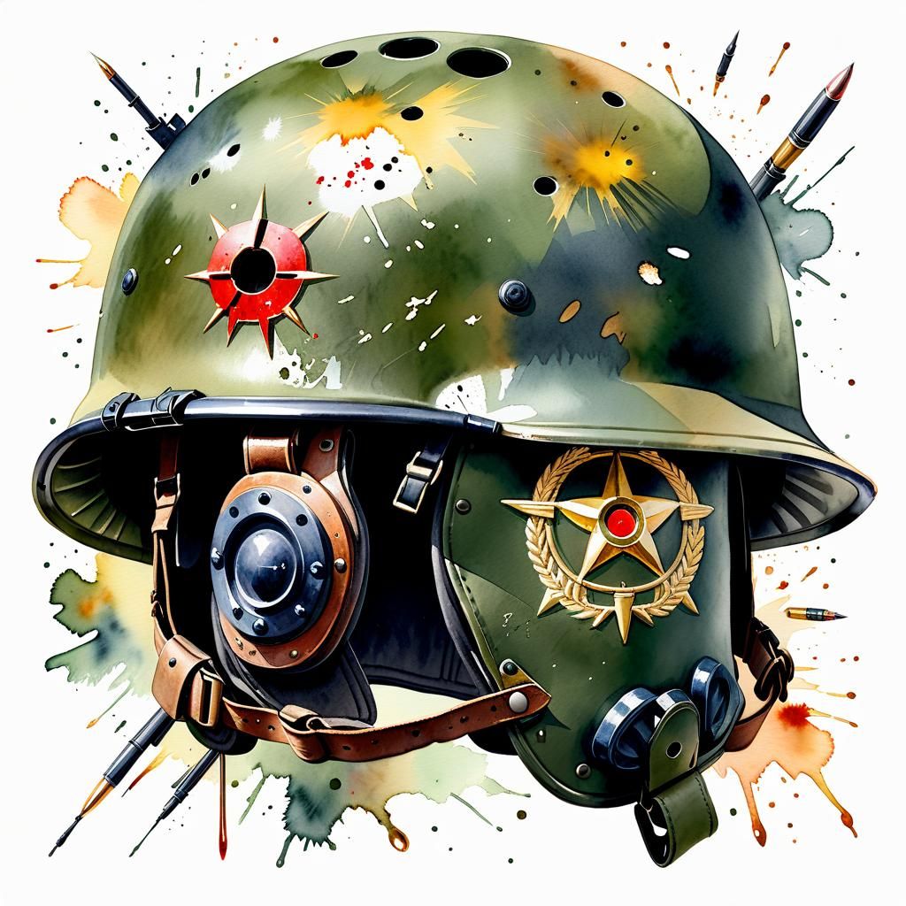 Poignant Watercolor of Bullet-Riddled Military Helmet