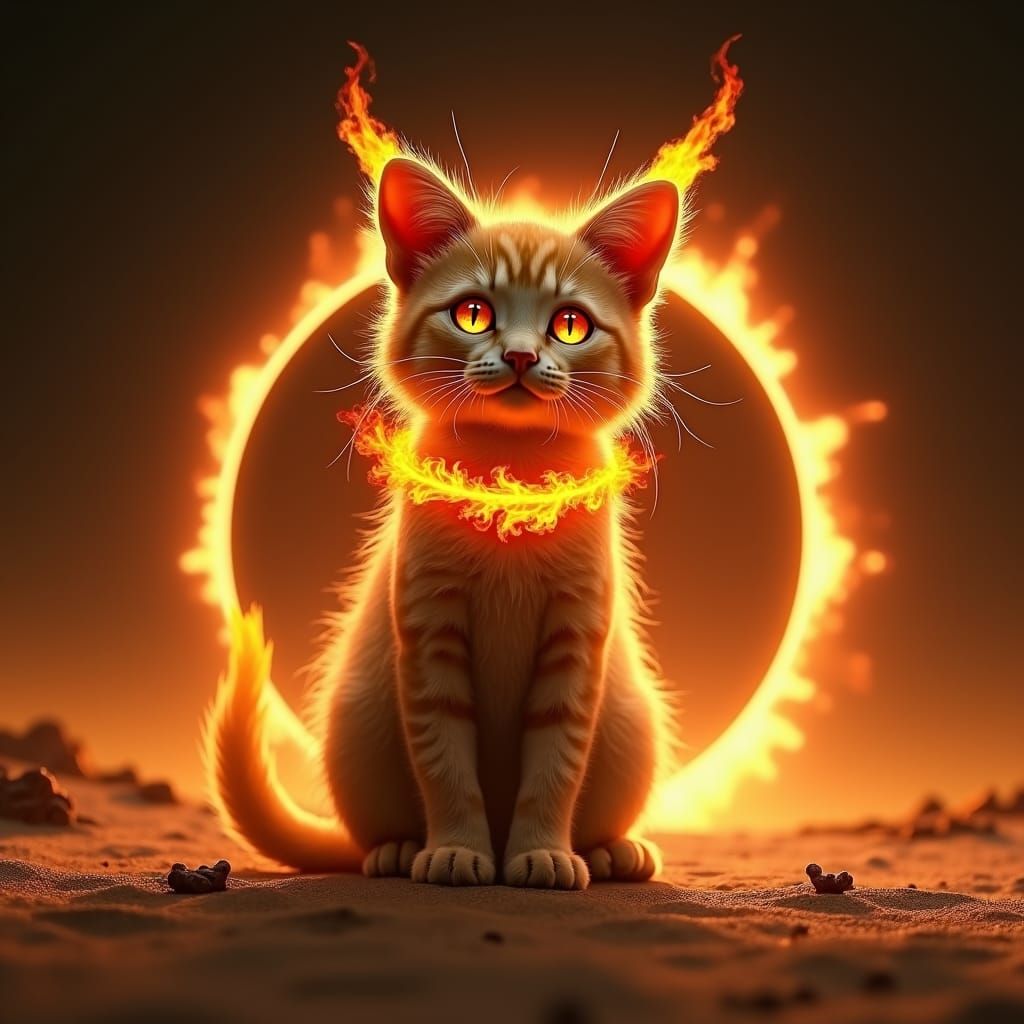 Mystical Fire Cat in Desert Eclipse, Matte Painting
