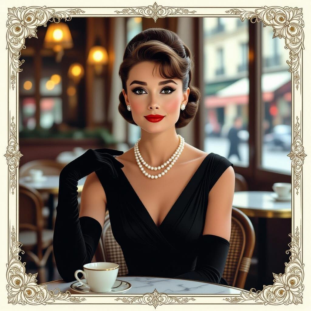 Audrey Hepburn in Parisian Cafe, Art Nouveau Style