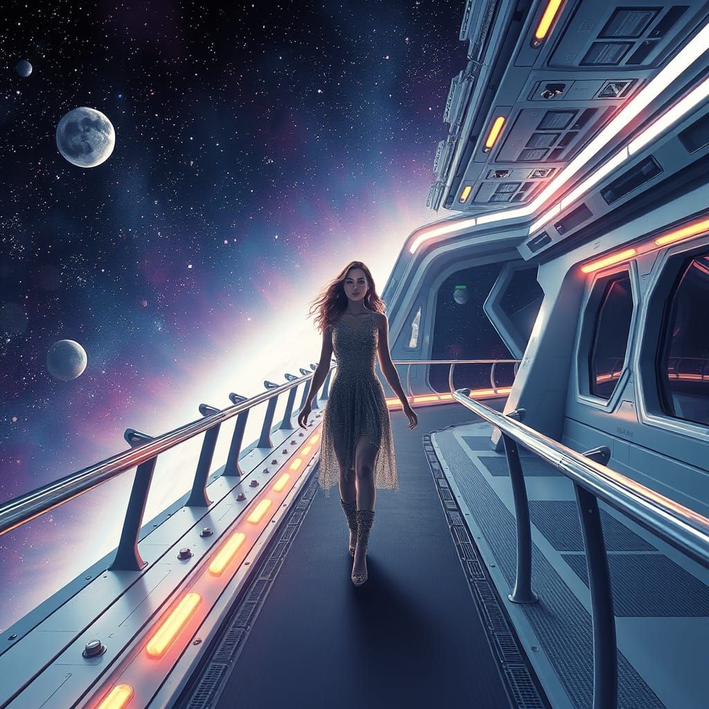 Woman on Starship Deck in Holographic Style