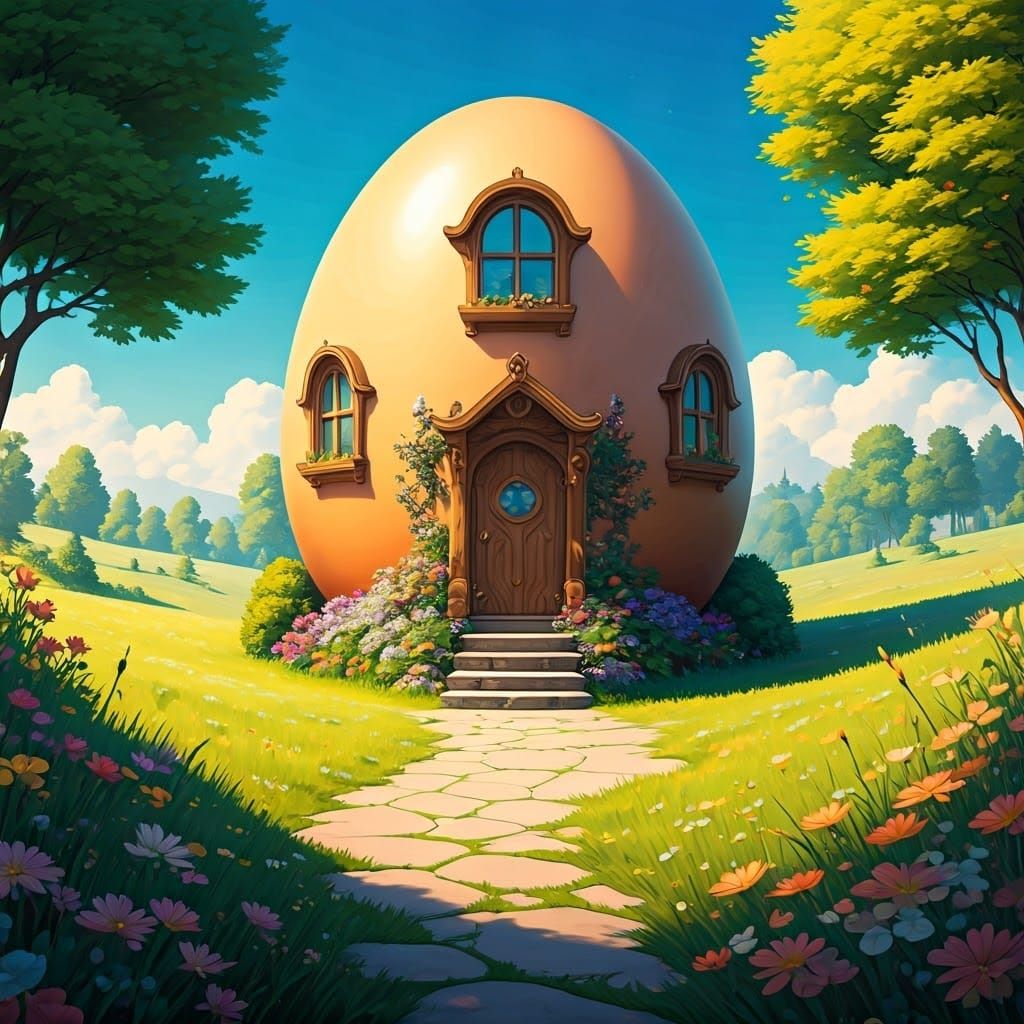 Whimsical Easter Egg House in Lush Meadow