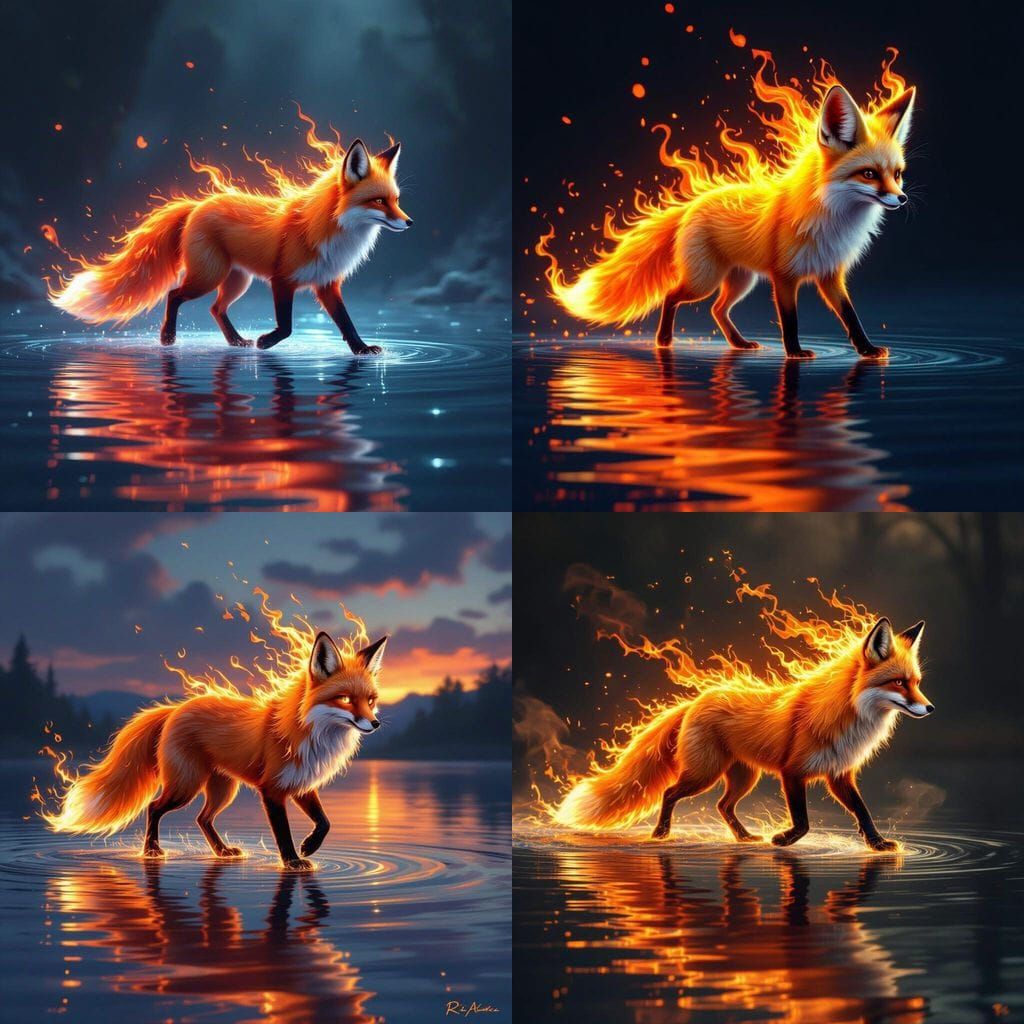 Fiery Fox Walks on Water in Mystical Scene