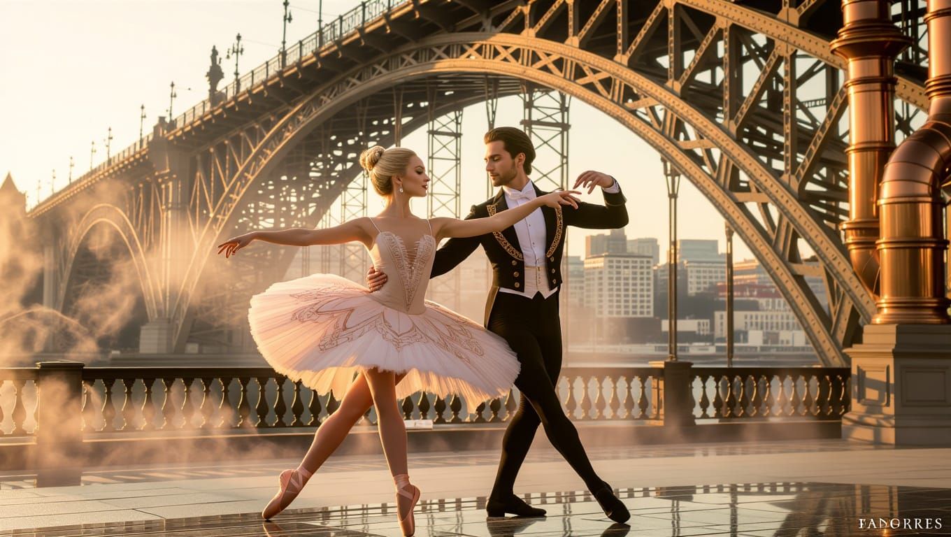Elegant Steampunk Ballerina Couple in Golden Light