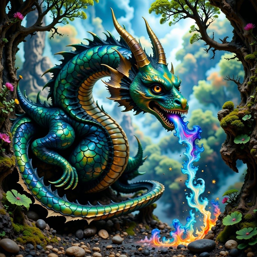 Majestic Dragon Vomits Blue Fire in Enchanted Forest