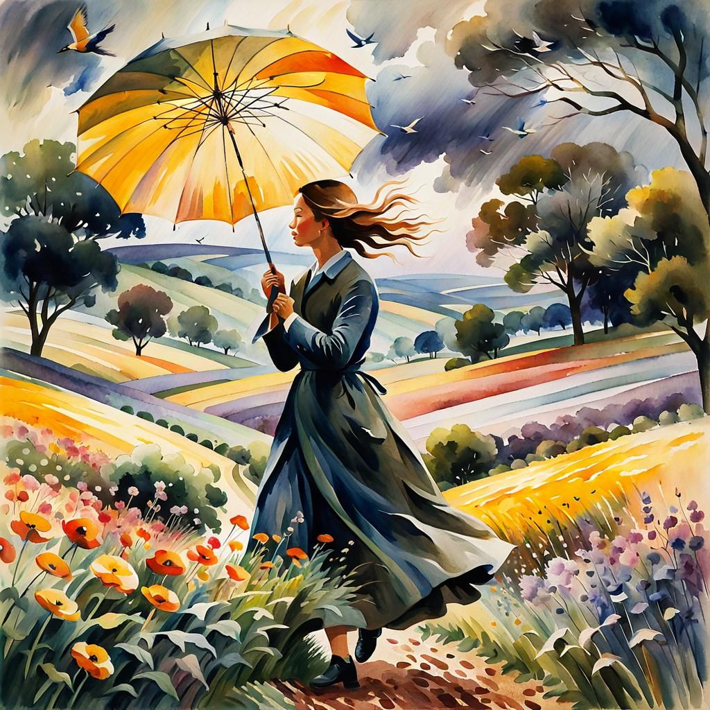 Woman with Umbrella in Windstorm as Watercolor Painting