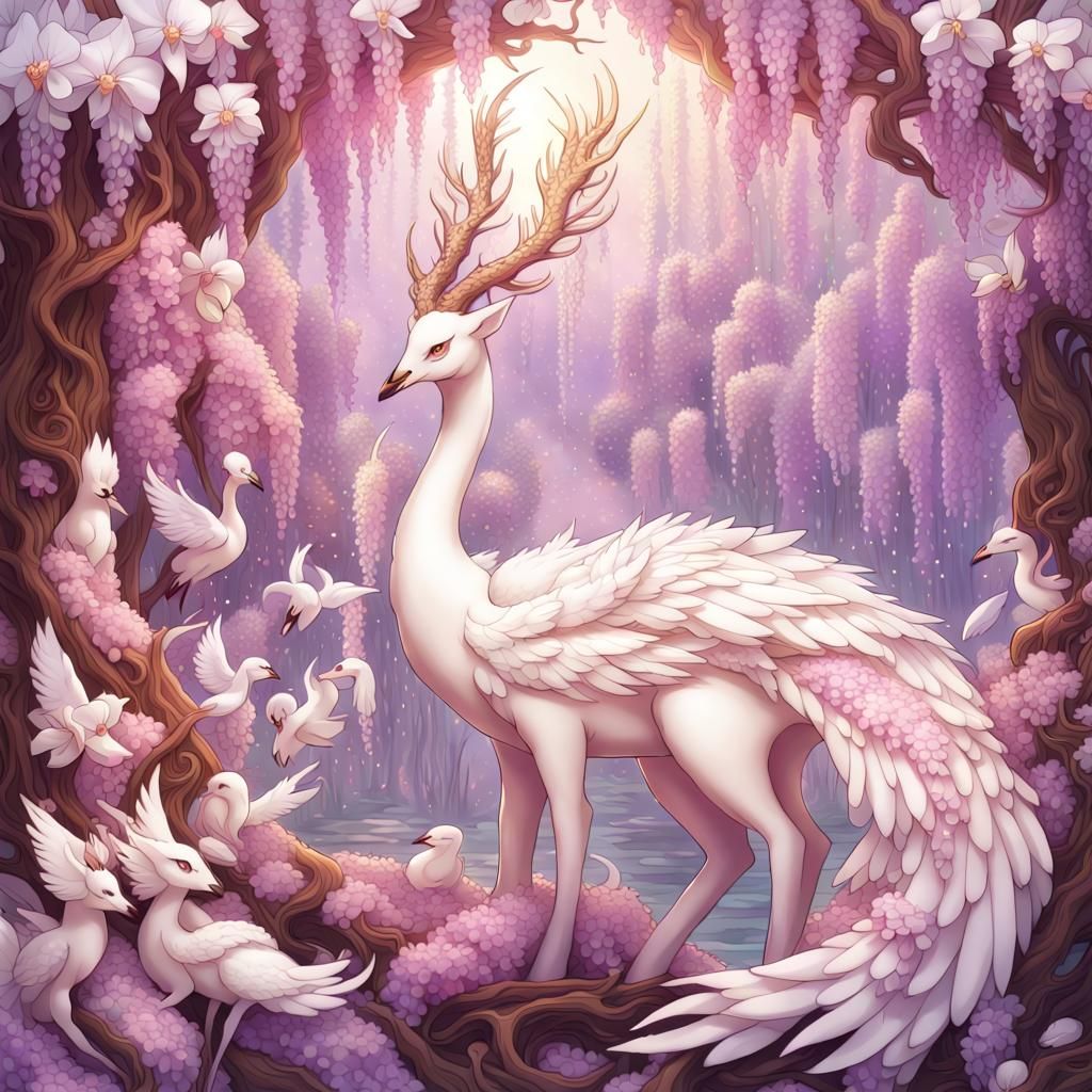 Swan Dragon Deer Hybrid in Opalescent Fractal Garden