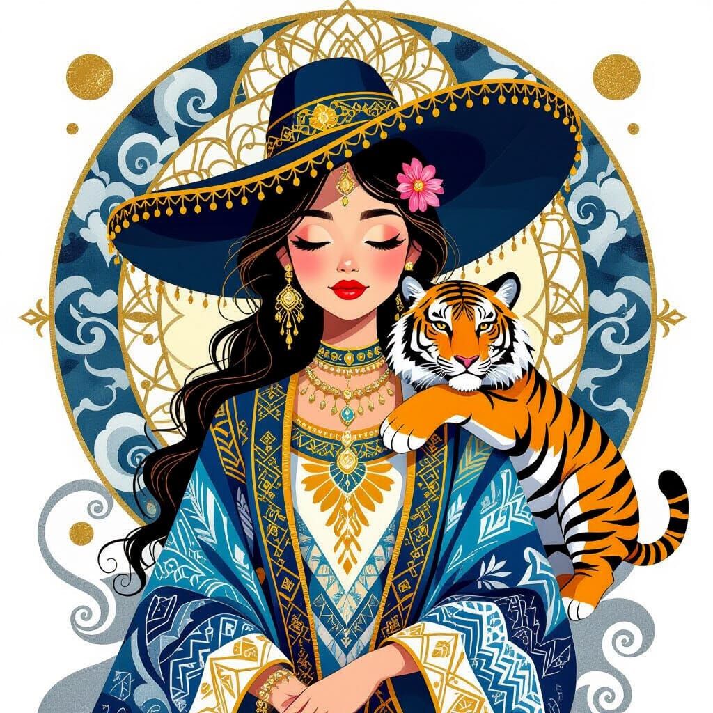 Latina Girl with Tiger in Cel-Shaded Anime Style