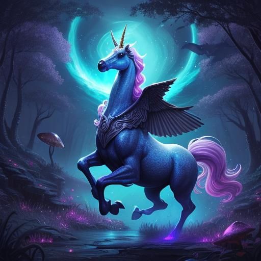 Unicorn Galloping Through Mystical Moonlit Forest