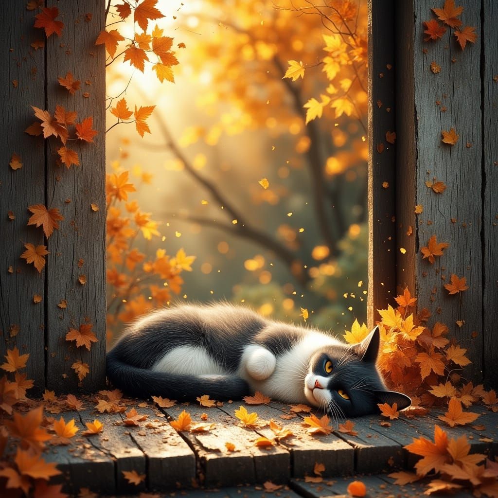 Fluffy Cat on Porch with Autumn Leaves