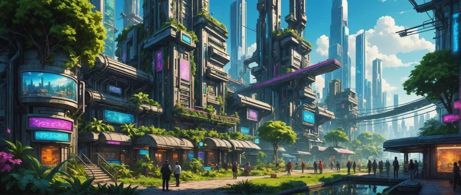 Lush Cyberpunk City Park: Sci-Fi Illustration