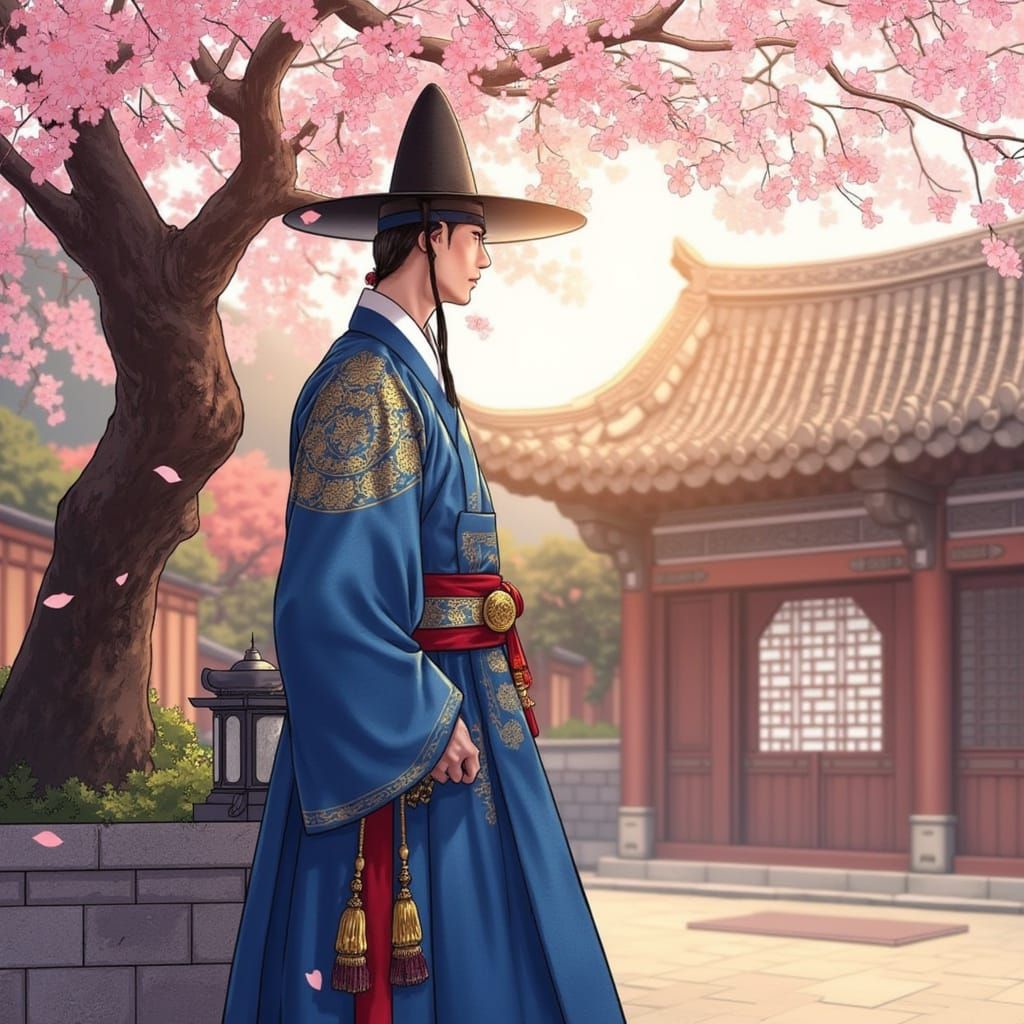 Noble Man in Hanbok Under Cherry Blossoms
