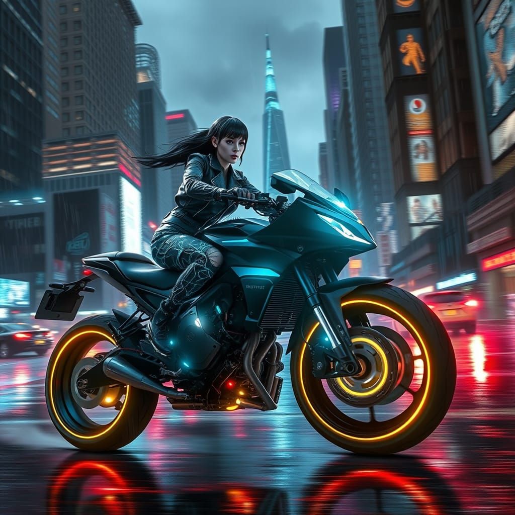 Cyborg Rider in Dystopian Cityscape, Cyberpunk Style