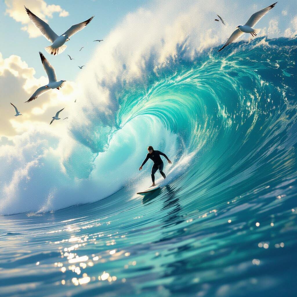 Lone Surfer Rides a Colossal Wave: 3D Render