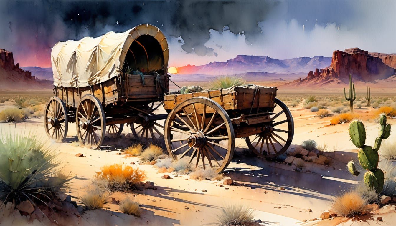 Surreal Watercolor of Covered Wagon in Majestic Desert Sunse...