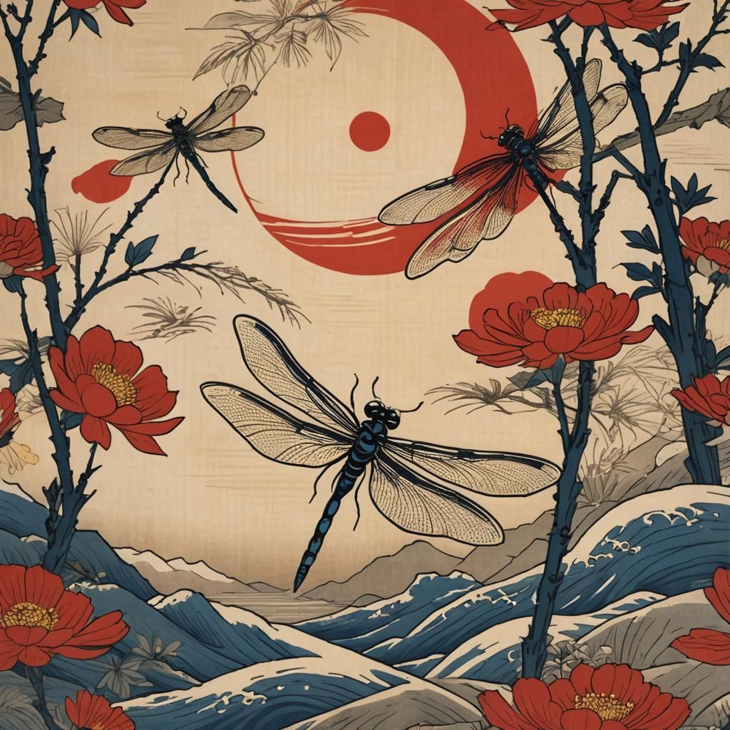 Dragonfly Under Red Sun in Ukiyo-e Style