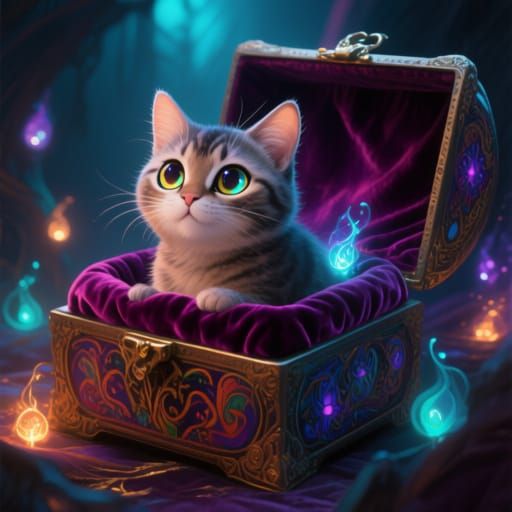 Cat in Velvet Box with Glowing Accents, Concept Art