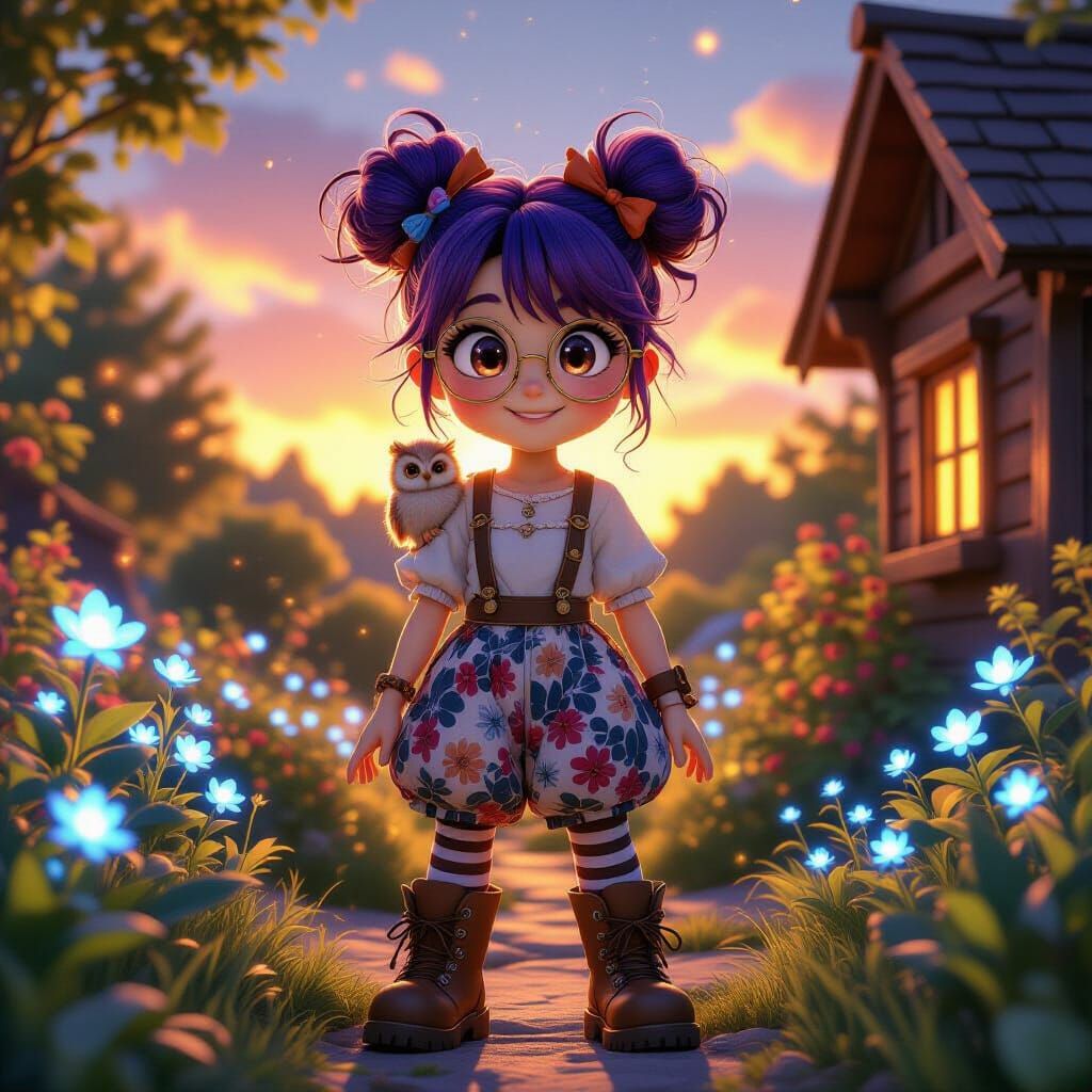 Cheerful Anime Witch in Magical Garden at Golden Hour