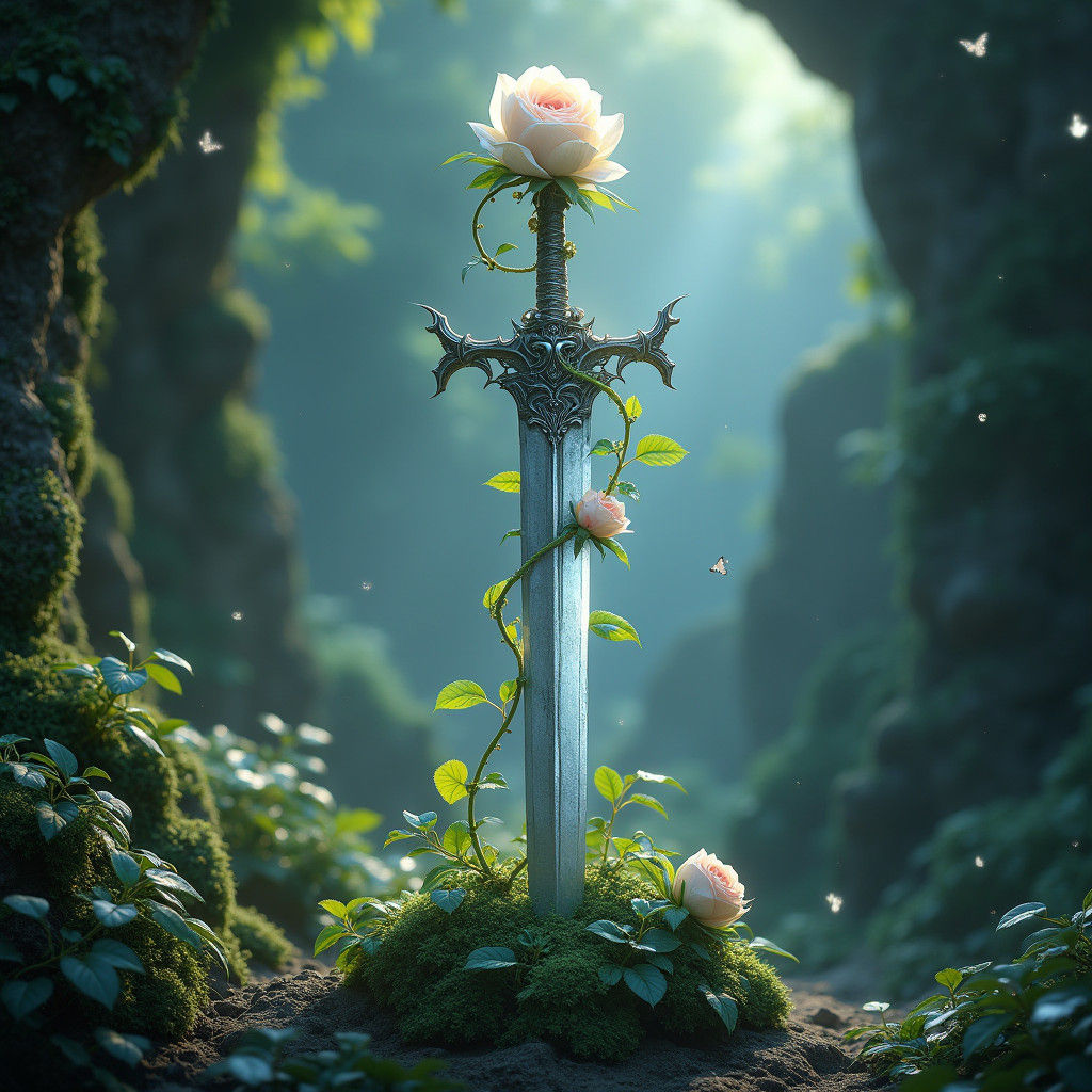 Silver Sword Rises in Mystical Landscape