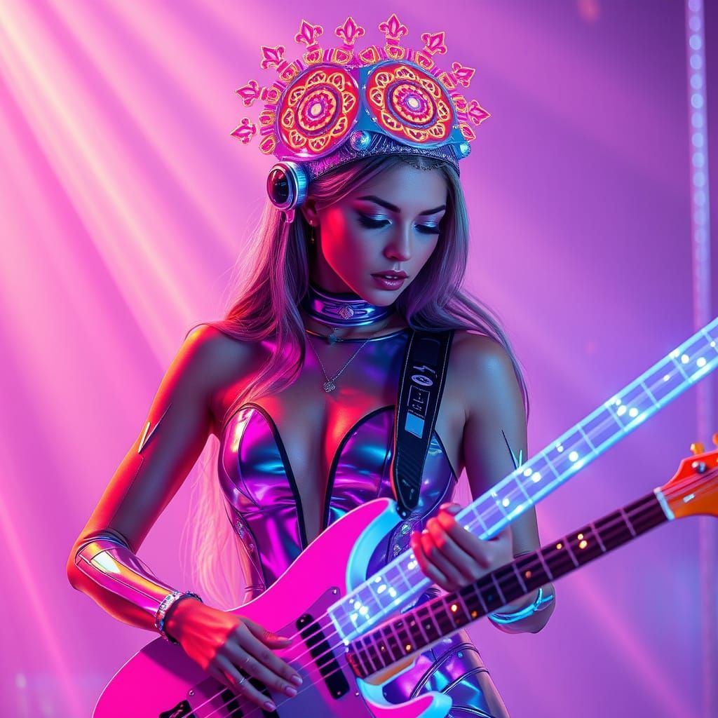 Cyberpunk Musician in Tron-Inspired Neon Cityscape