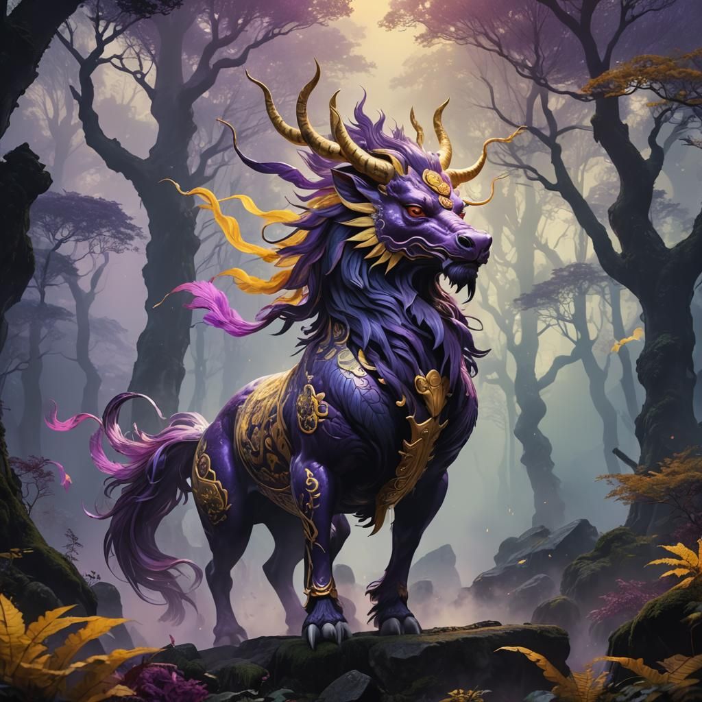 Majestic Qilin in Mystical Forest, Dark Fantasy Art