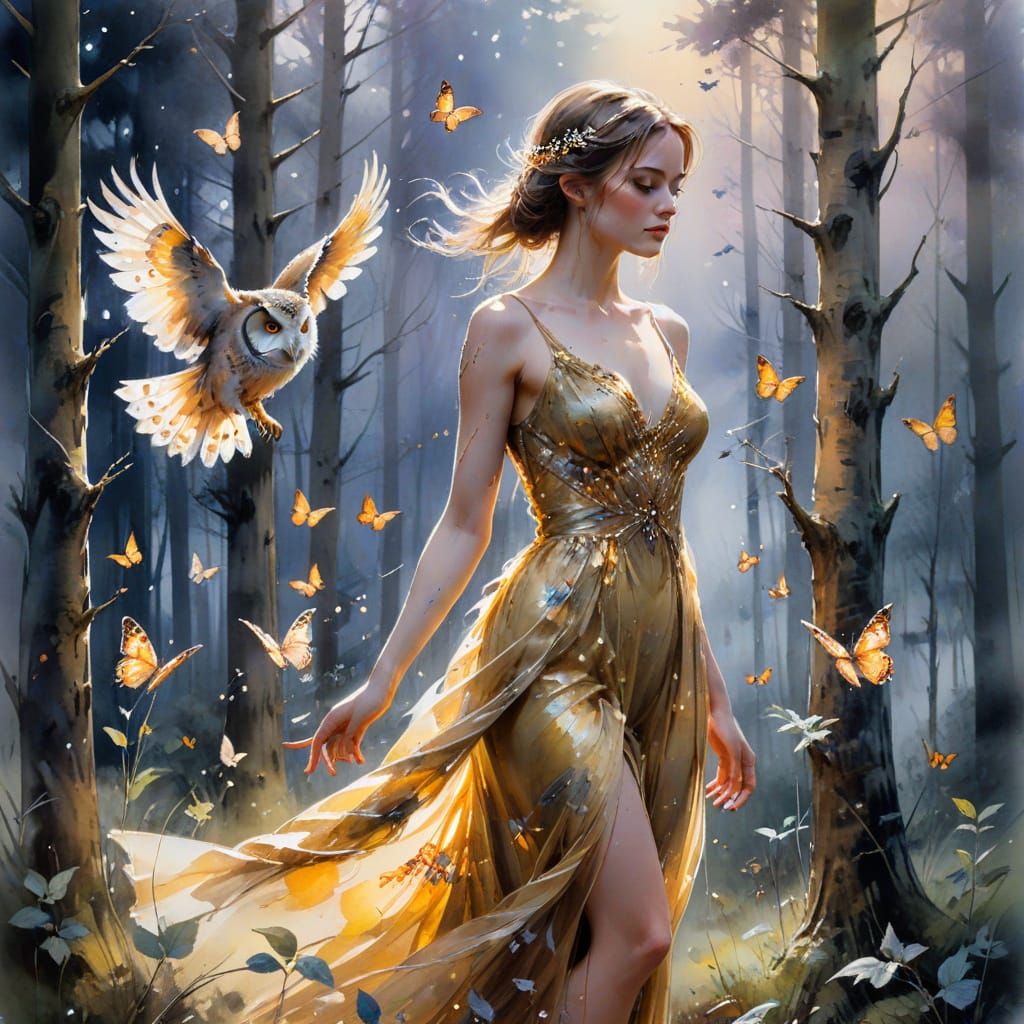 Ethereal Woman With Owl in Enchanted Forest