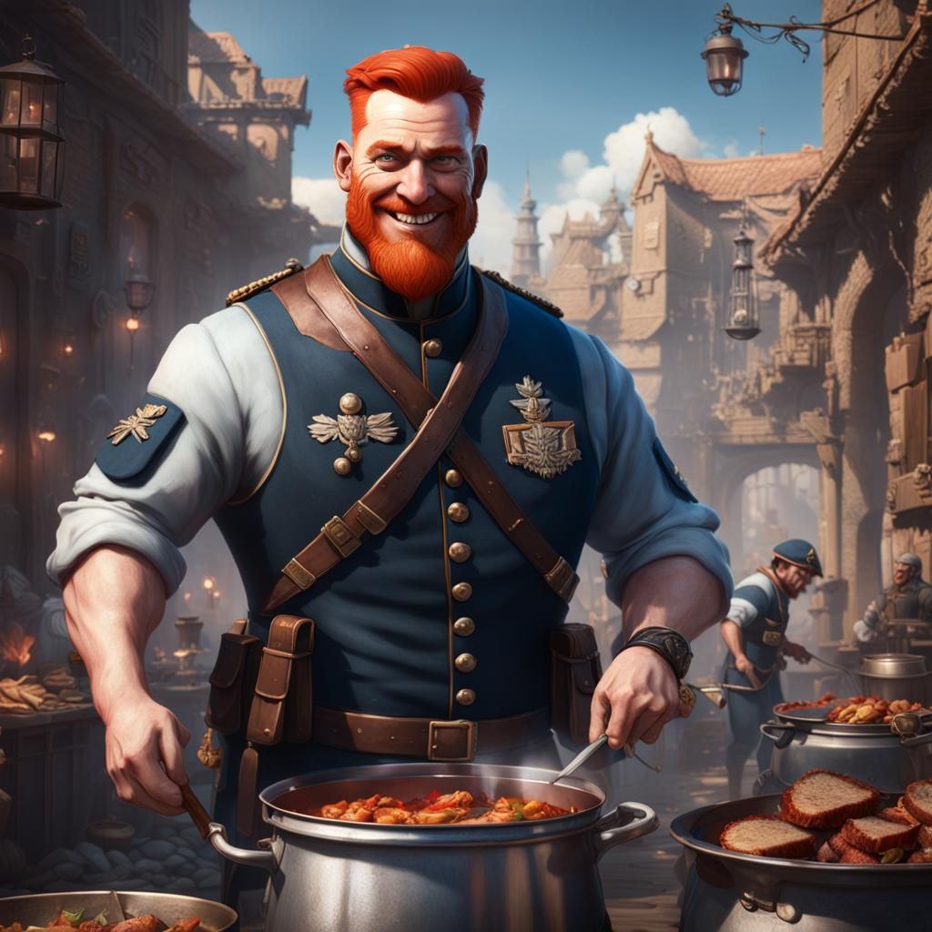 Red Haired Officer Stirring Stew: Fantasy Art