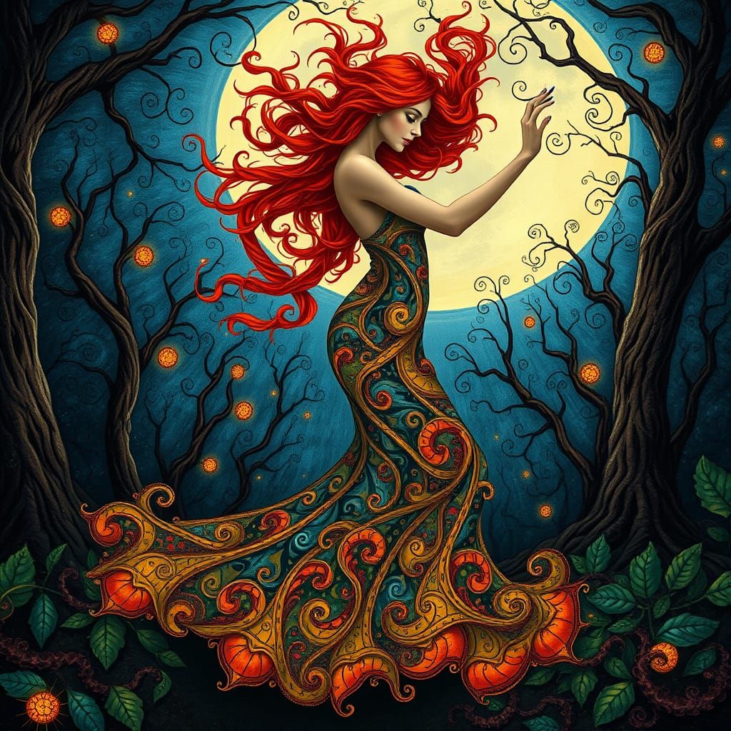 Fractal Dancer in Moonlit Forest: Art Nouveau Style
