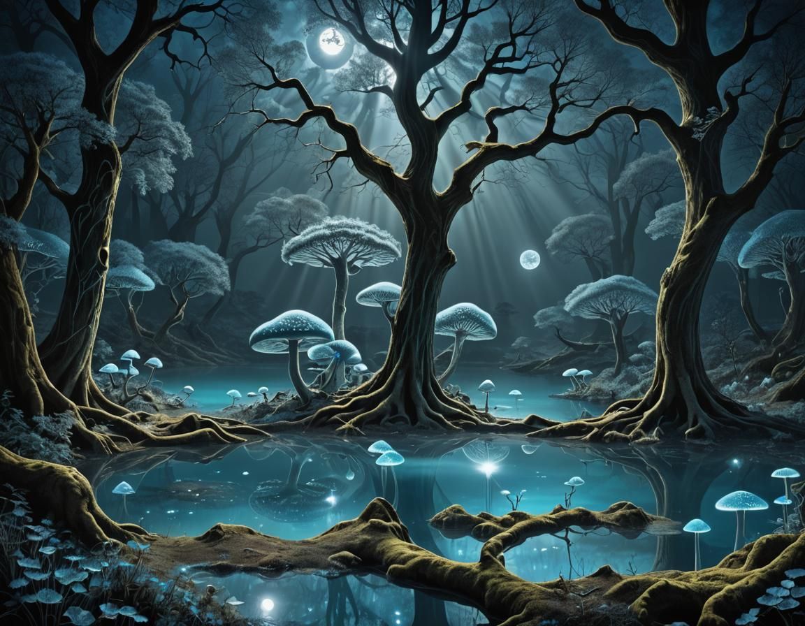 Blue Moonlit Lake with Fractal Moonbeams in Chiaroscuro