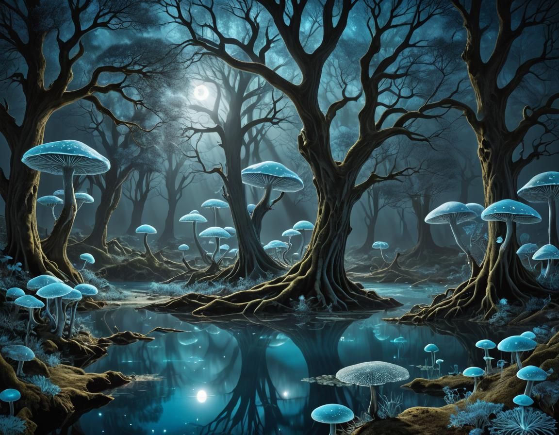 Blue Moonbeams on Deep Lake with Celtic Carvings