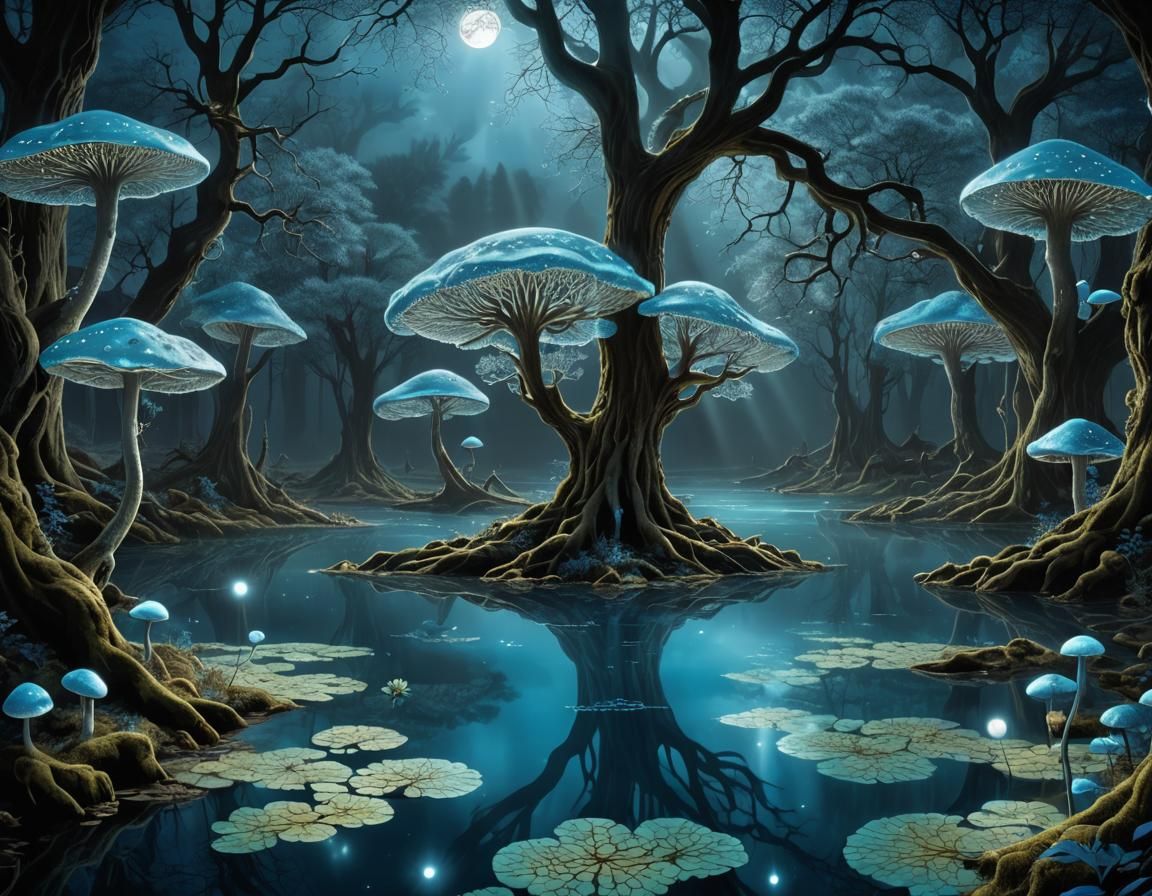 Blue Moonlit Lake with Fractal Moonbeams in Chiaroscuro