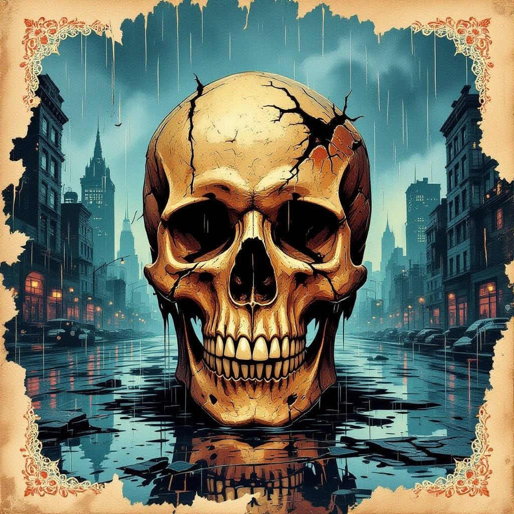 Weathered Skull in Urban Dystopia, Distressed Vintage Illust...