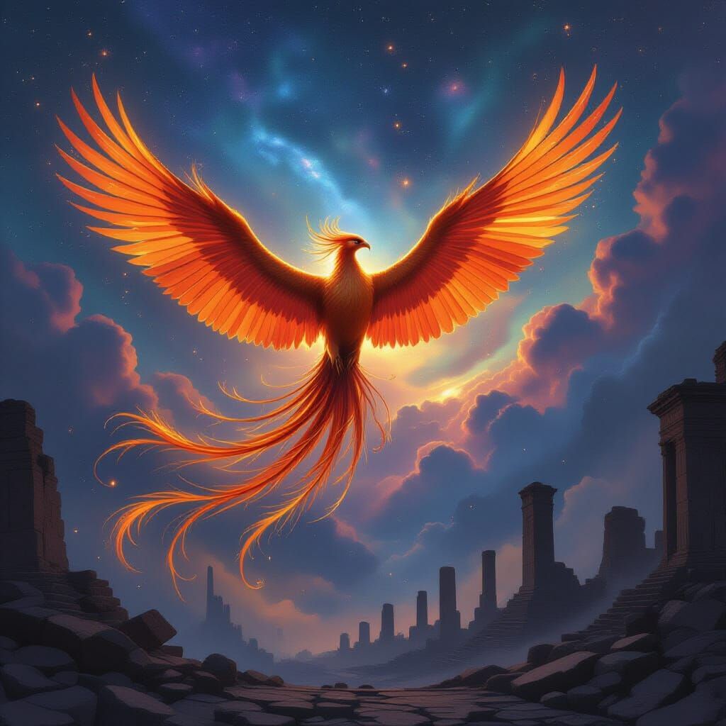 Stardust Phoenix Soaring Above Ancient Ruins