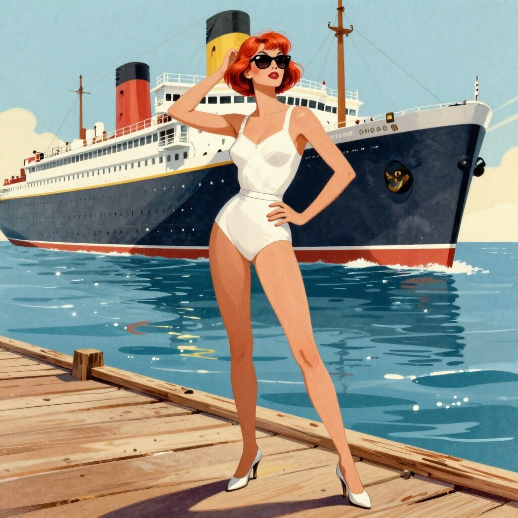 60s Fashion Illustration: Woman on Pier with Ocean Liner