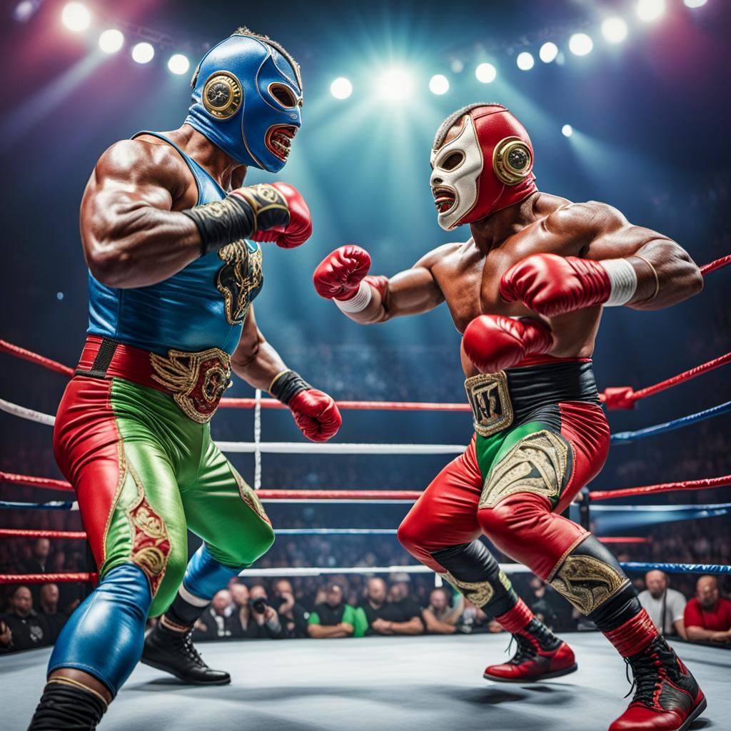 Masked Pro Wrestlers in Action Photo