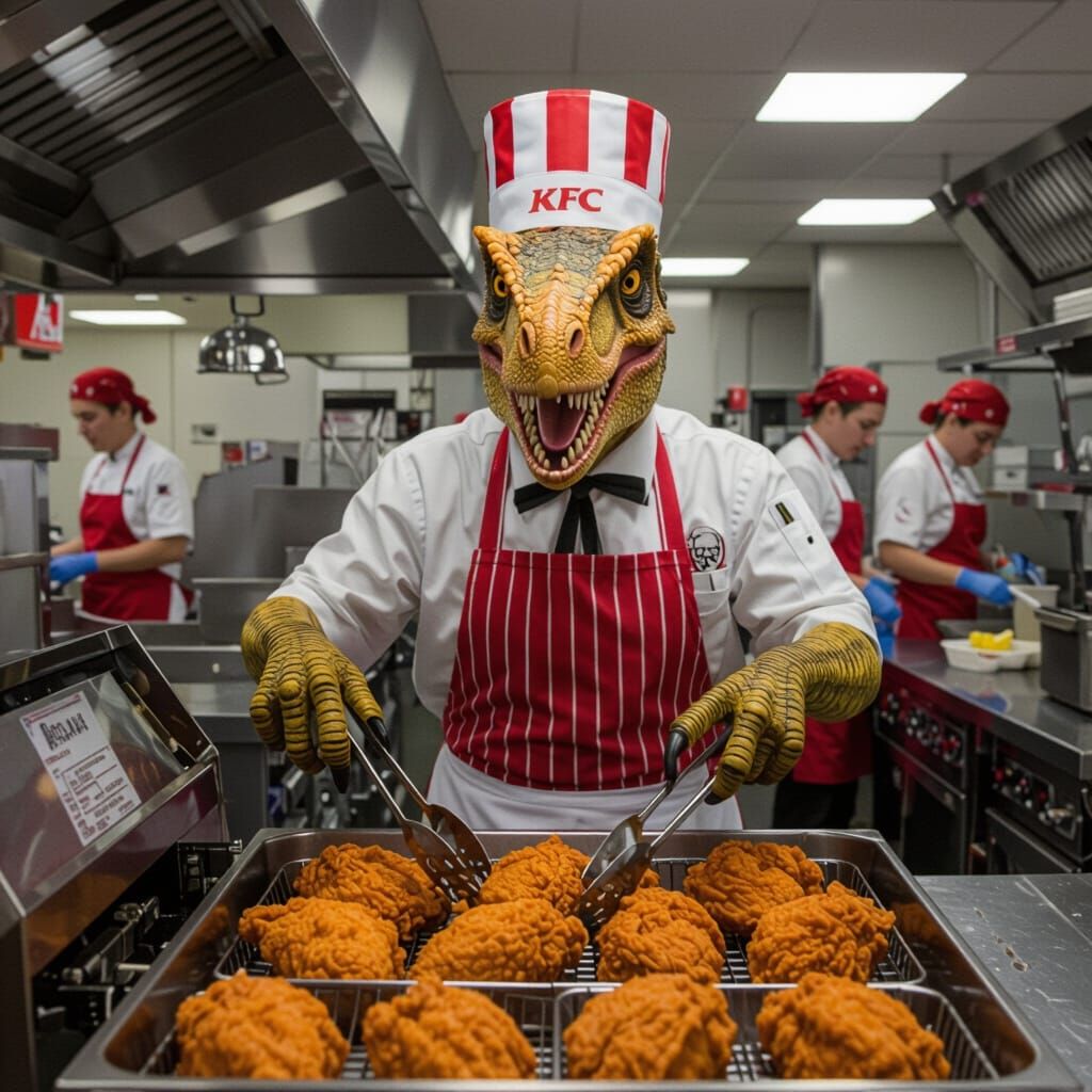 Velociraptor Chef Frying Chicken at KFC