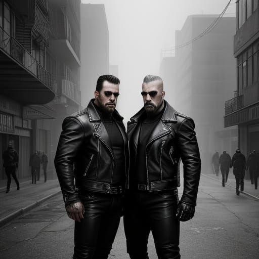 Dan Winters photography.Two brooding leather-jacketed beefcake bikers in a dystopian B&W city.