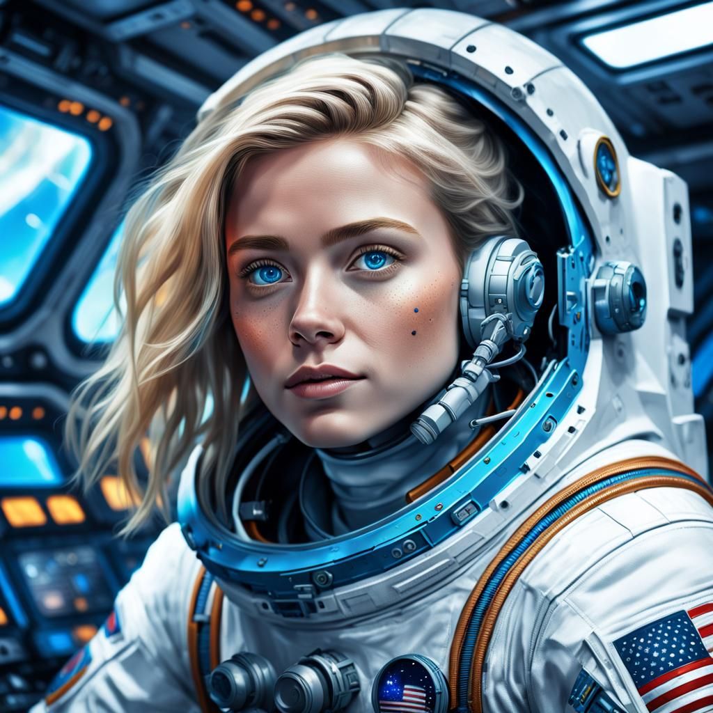 Hyperrealistic Female Astronaut Repairing Spaceship