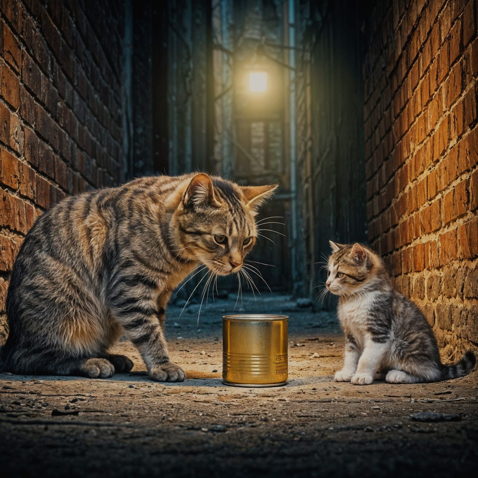 Wise Tomcat Shares Tuna With Kitten in Alley