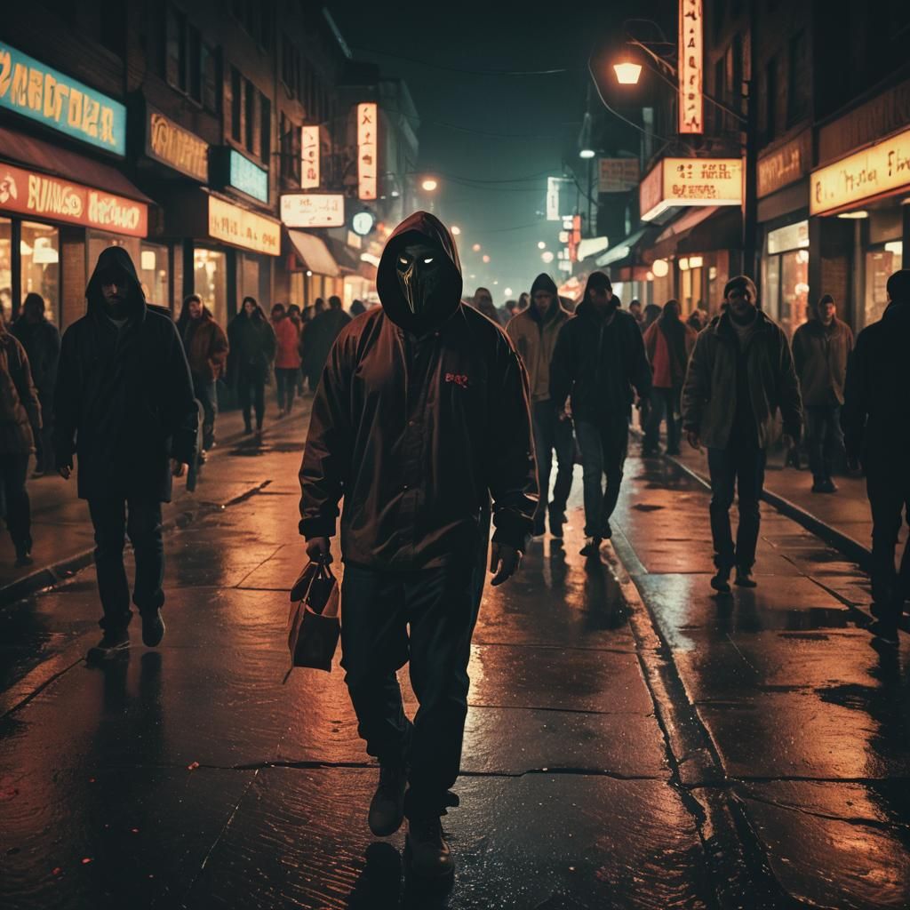 Ghostface Protects Girl in Moody Cinematic Street Scene