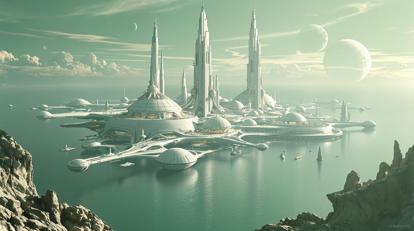 Futuristic Alien City Floating on Ocean