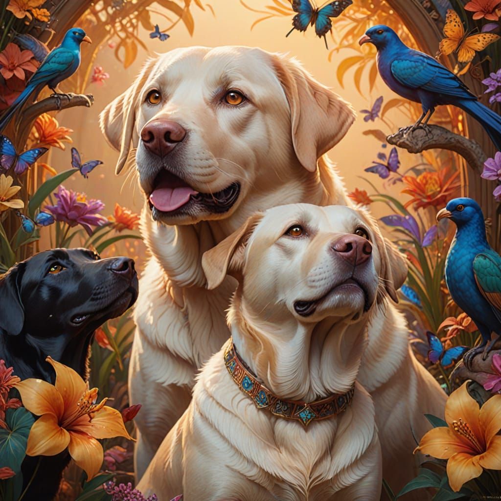 Whimsical Labrador Portrait with Tropical Flowers and Birds