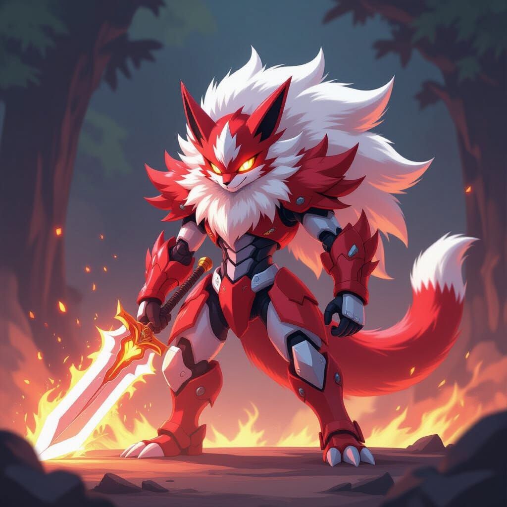 Colossal Furry Digimon Wields Flaming Sword in Anime Style