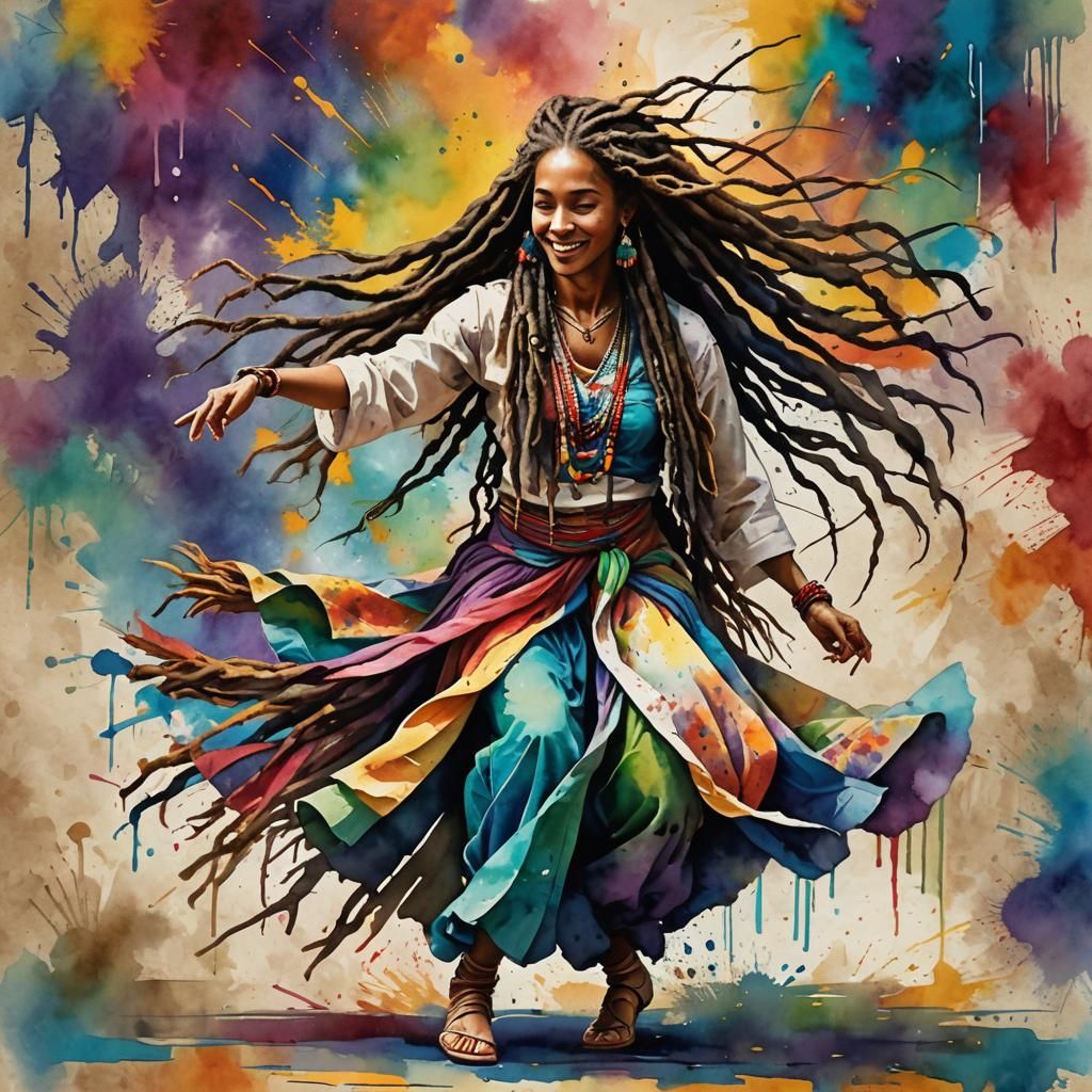 Vibrant Woman Dancing: Hyper-Realistic Watercolor Portrait