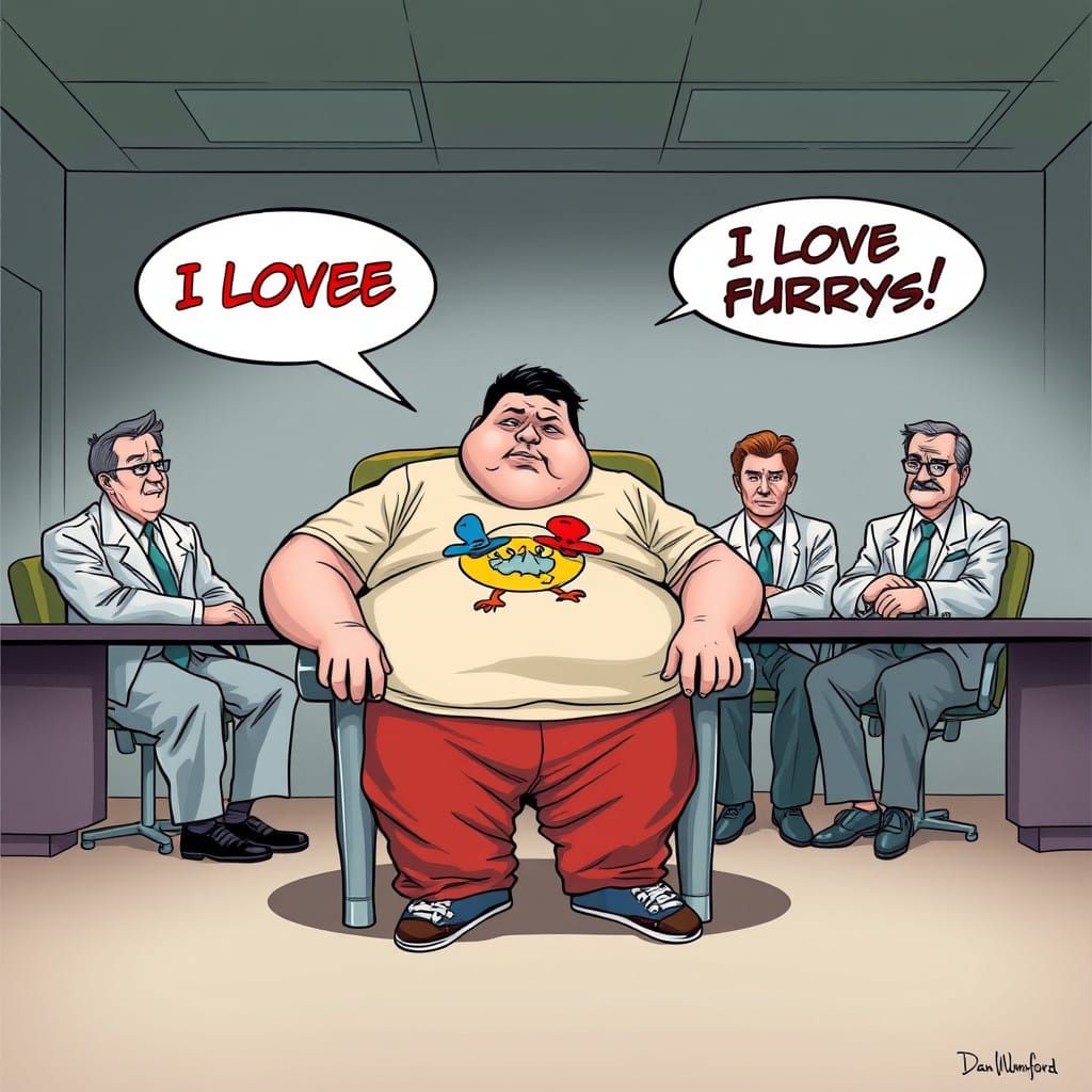 An extremely obese mentally ill man sits opposite a panel of psychiatrists he says in a speech bubble "I Love furrys!"