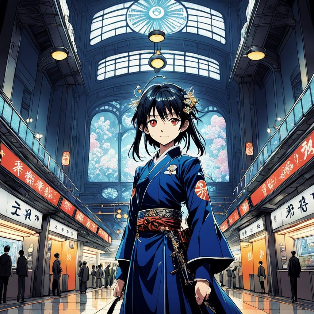 Vibrant Anime Train Station Lobby with Neon Lights and Moder...